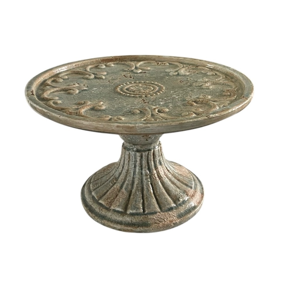 Brand New.  Decorative Ceramic Pedestal Cake Stand 9” diameter by 5” high.